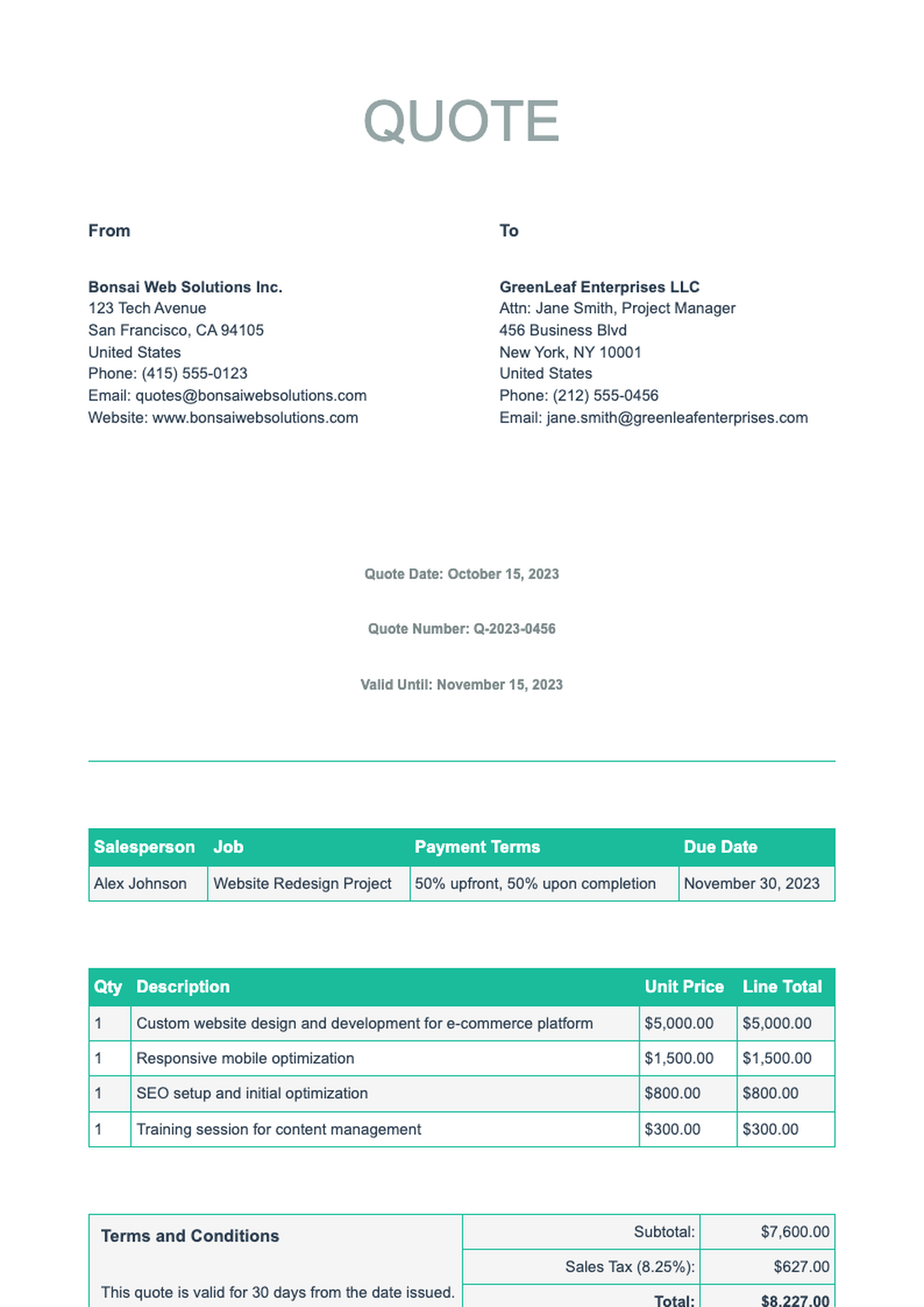 Professional business quote template with green accents and placeholder fields_variant_1